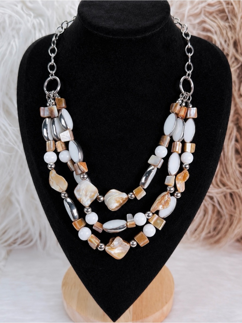 Vintage Silvertone Multi-Color Beaded three strand bohemian Island chic Necklace